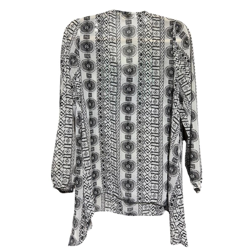 Kori Size Small Black & White Boho Print Embroidered Tassel Tie Blouse - Picture 3 of 5